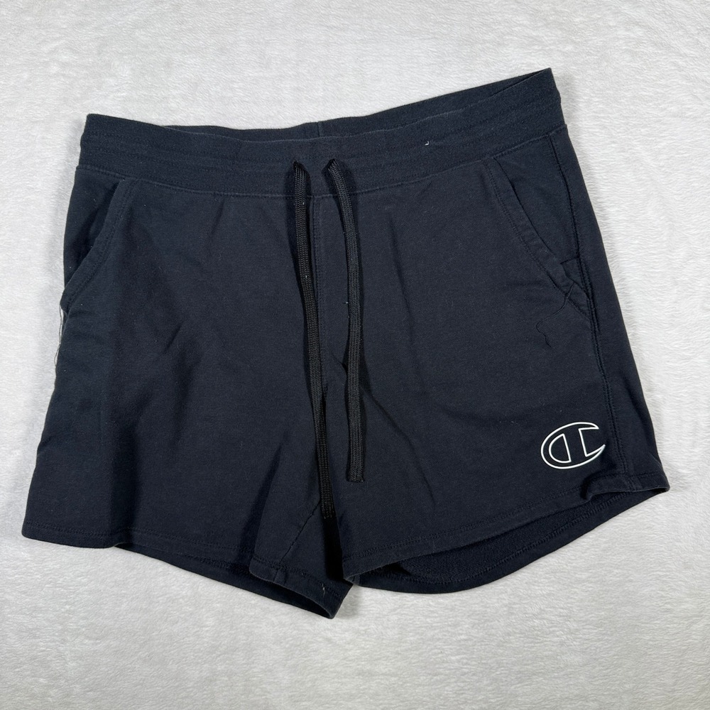 Champion‎ Black Athletic Shorts Logo Print Drawstring Waist Women's LG
